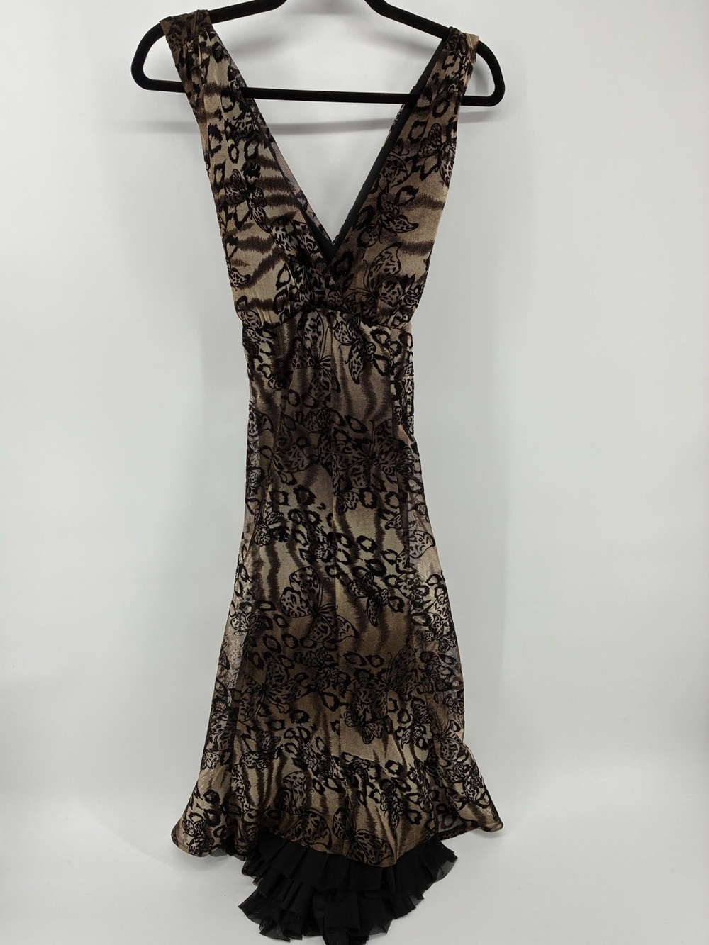 Frank Lyman Design Brown and Black High Low Dress Butterfly Cheetah Print